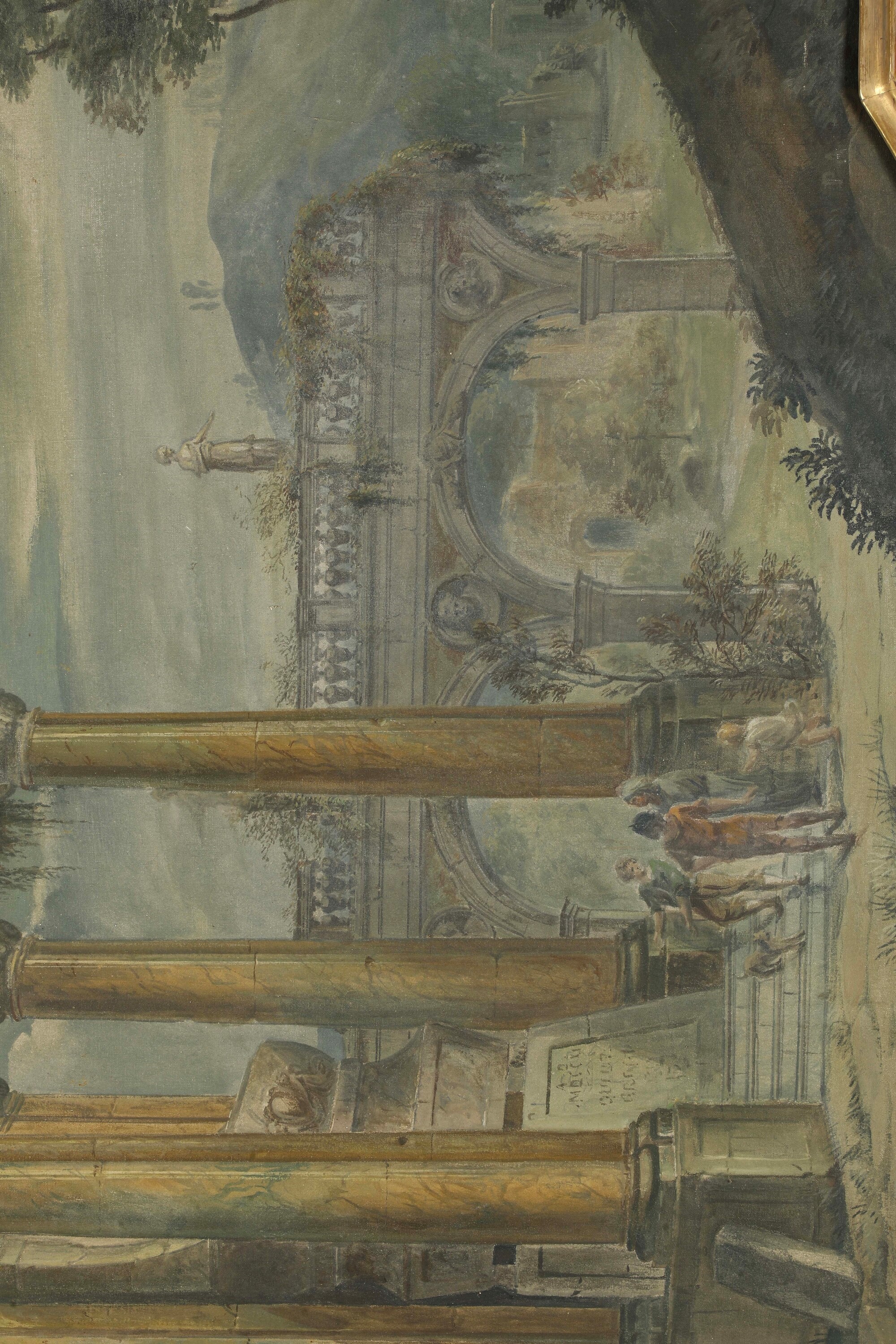 Scuola bolognese del XVIII-XIX secolo, Paesaggi con architetture e figure, tempera su tela sagoma...