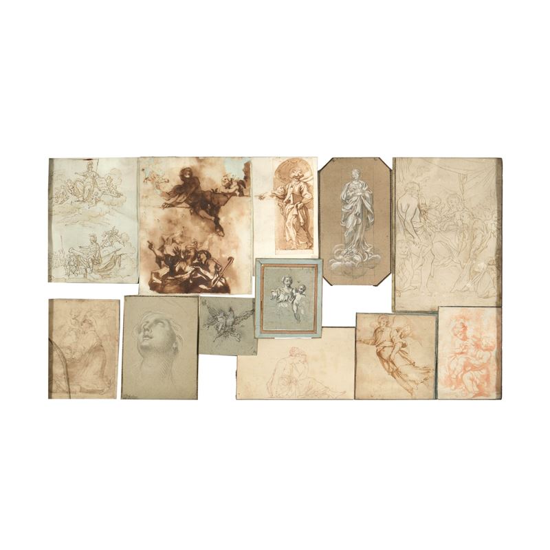 Scuola del XVII-XVIII secolo  Gruppo di dodici disegni (soprattutto di scuola genovese)   - penna, matita nera/rossa, inchiostro bruno e acquerello su carta  - Asta Dimore Italiane - Cambi Casa d'Aste