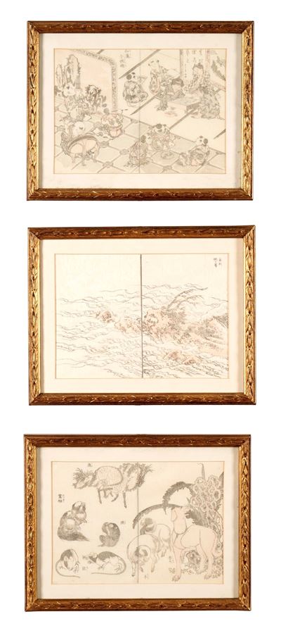 Lotto Composto da Tre Disegni Raffiguranti Scena Paesaggistica, Giappone, XX Secolo