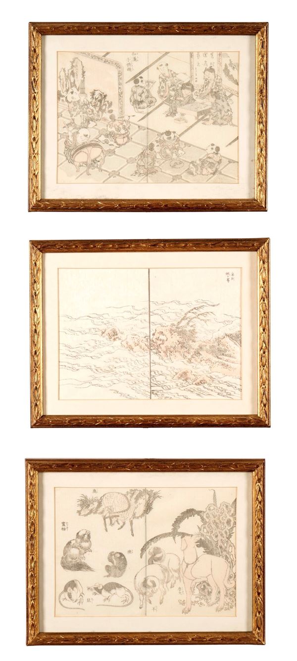 Lotto composto da tre disegni raffiguranti scena paesaggistica, Giappone, XX secolo