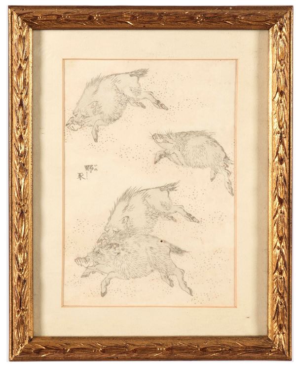 Disegno raffigurante cinghiali con iscrizioni, Giappone, XX secolo