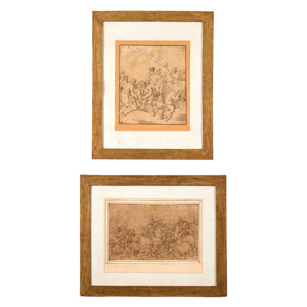 Scuola del XVIII secolo Diogene entra nella botte<BR>Scontro di cavalleria