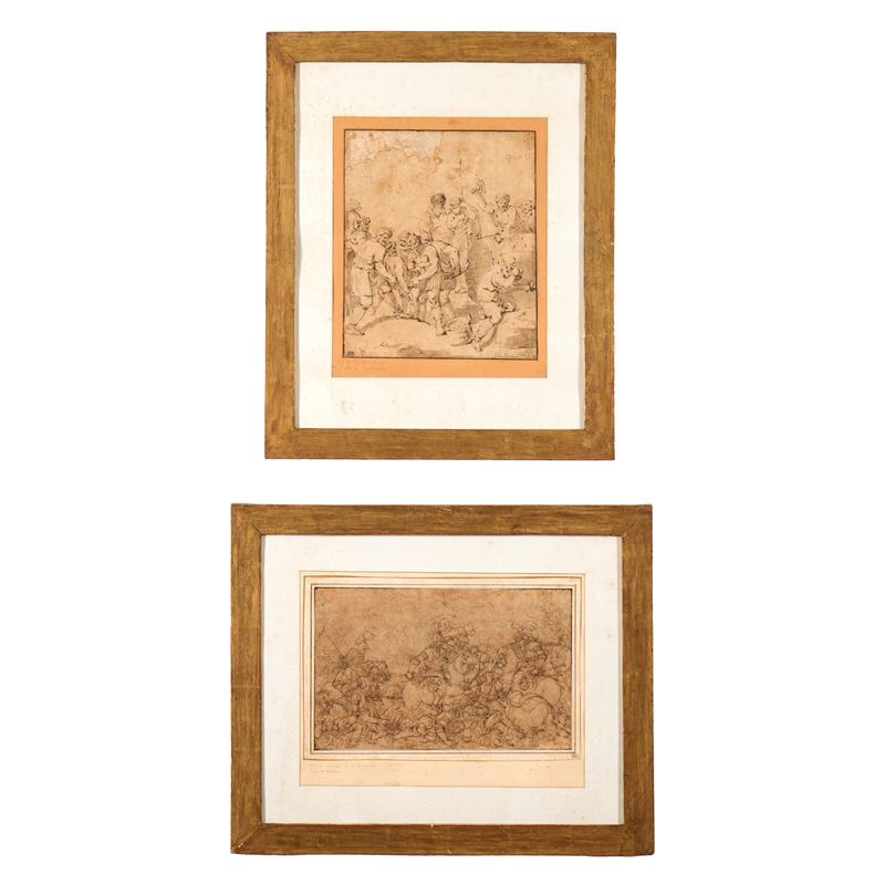 Scuola del XVIII secolo Diogene entra nella botte Scontro di cavalleria  - penna, inchiostro bruno e acquerello su carta - Asta Dipinti Antichi - Cambi Casa d'Aste