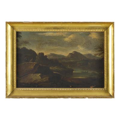 Scuola del XVII-XVIII secolo, Paesaggio fluviale con viandanti, olio su tela