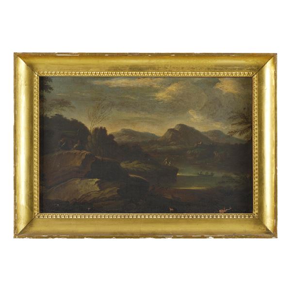 Scuola del XVII-XVIII secolo Paesaggio fluviale con viandanti