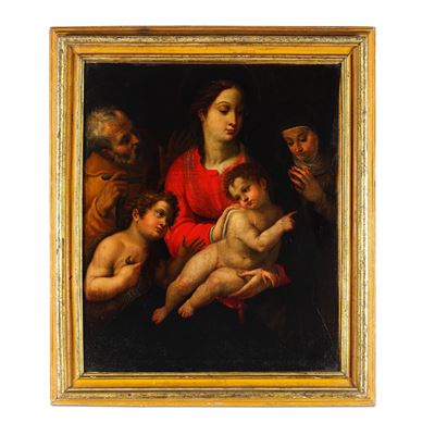 Scuola del XVII secolo, Sacra Famiglia con San Giovannino e santa monaca, olio su tela