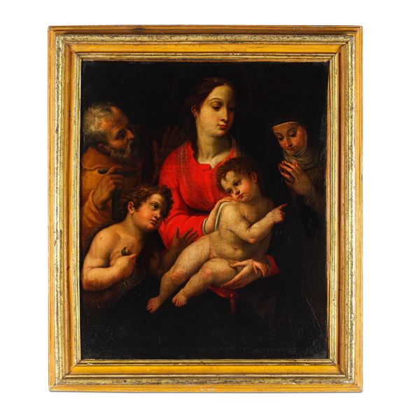 Scuola del XVII secolo Sacra Famiglia con S. Giovannino e un santa monaca