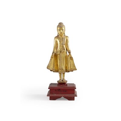 Figura di Buddha Stante in Legno Dorato, Nepal, XX Secolo
