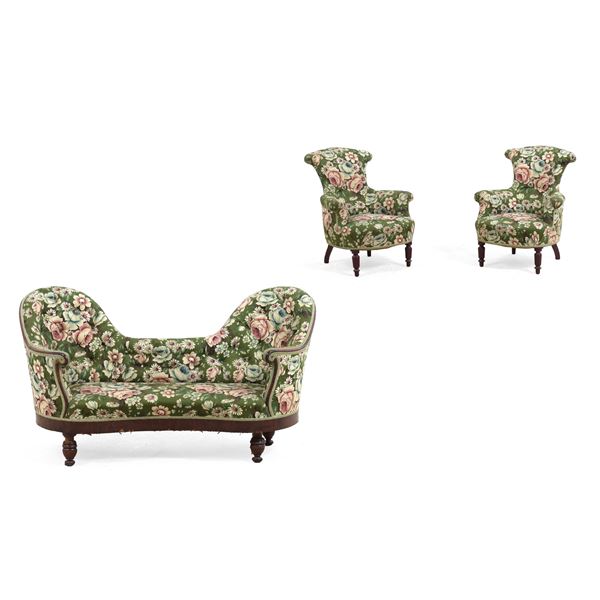 Divanetto a due posti Luigi Filippo e due poltroncine. XIX secolo