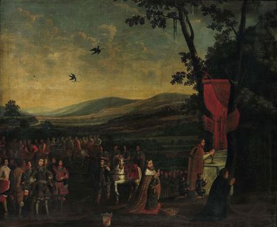 Scuola francese del XVII secolo, Devozione prima della battaglia, olio su tela