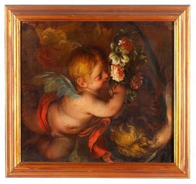 Scuola genovese del XVII secolo, Angioletti che porgono i segni del martirio, olio su tela