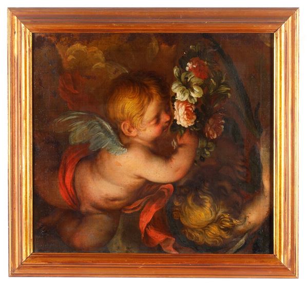 Scuola genovese del XVII secolo Angioletti che porgono i segni del martirio