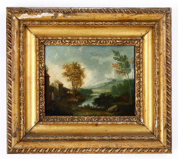 Scuola del XVIII-XIX secolo Paesaggio fluviale con viandante