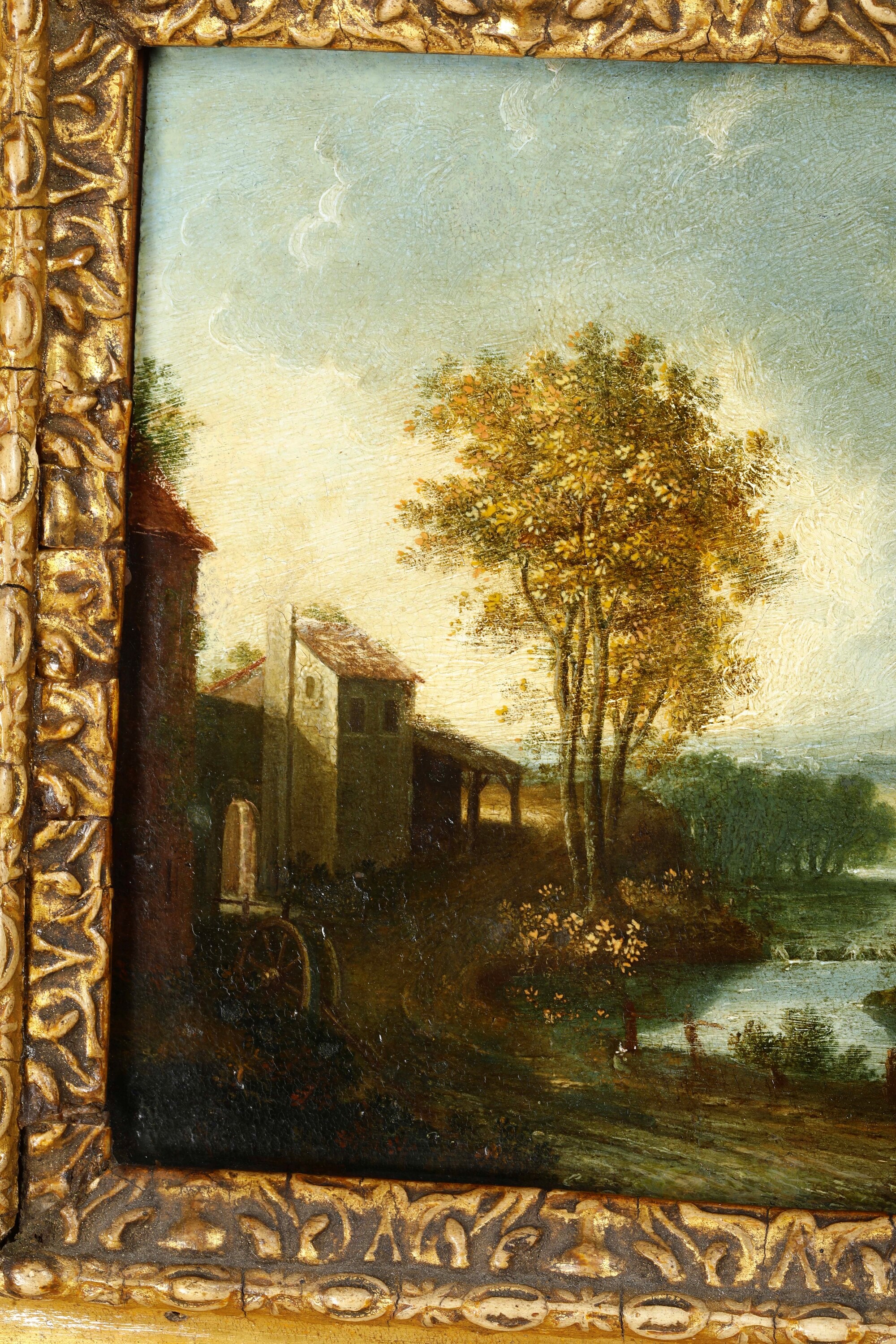 Scuola del XVIII-XIX secolo, Paesaggio fluviale con viandante, olio su tavoletta
