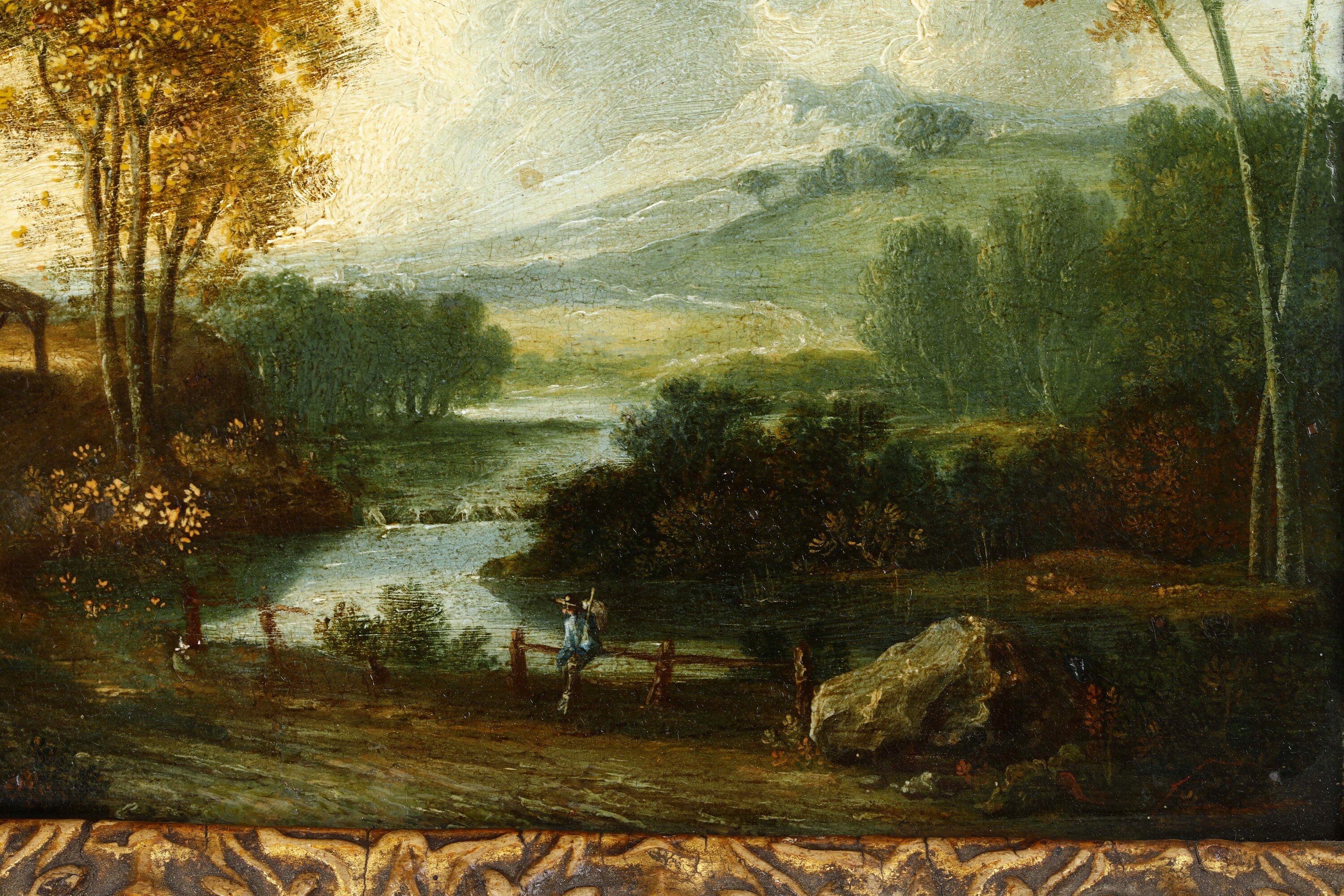 Scuola del XVIII-XIX secolo, Paesaggio fluviale con viandante, olio su tavoletta