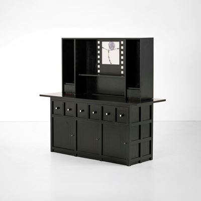 Credenza a due corpi mod. D.S.5, legno ebanizzato con dettagli in madreperla