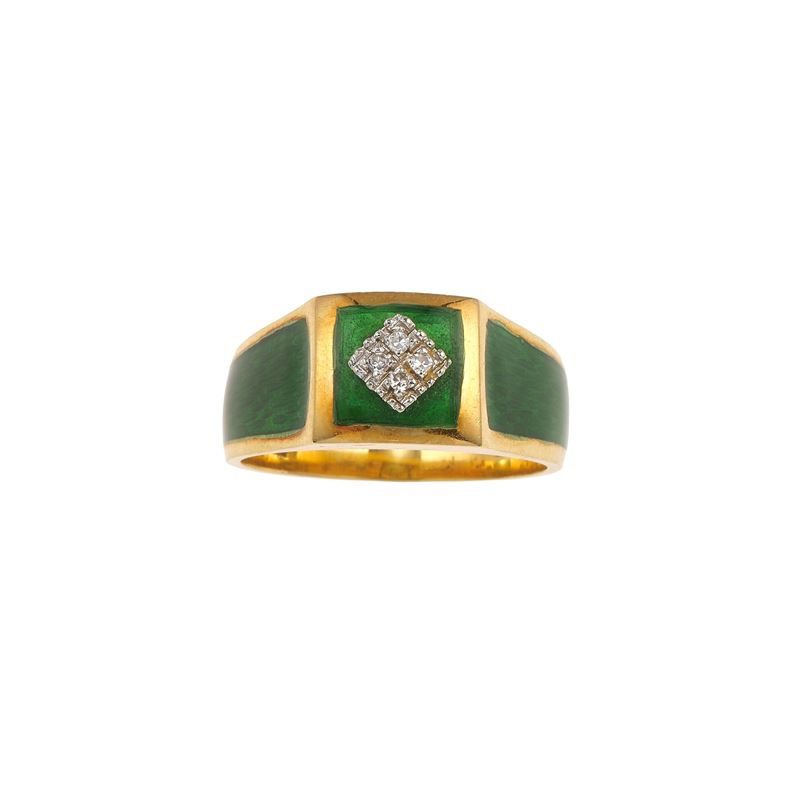 Anello con smalto verde e piccoli diamanti  - Asta Gioielli - Cambi Casa d'Aste