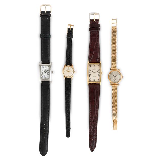 Lotto di quattro orologi da polso: Mercedes Benz in acciaio, quadrante bianco, movimento al quarzo, 33x21 mm Omega ref. 2443 placcato oro, quadrante argentè, carica manuale, 20 mm, da revisionare Omega De Ville in oro giallo 18k, quadrante argentè, carica automatica, 34x24 mm Varbar in oro giallo 18k, quadrante argentè, carica manuale, 23 mm, peso 26,4 g, non funzionante e ansa mancante
