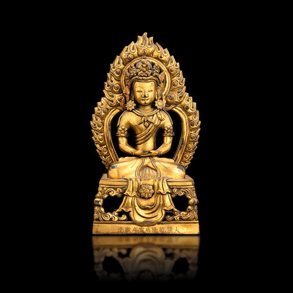 Gilded bronze figure of Buddha Amitayus with inscriptions, China, marked and from the Qianlong period (1736-1796)