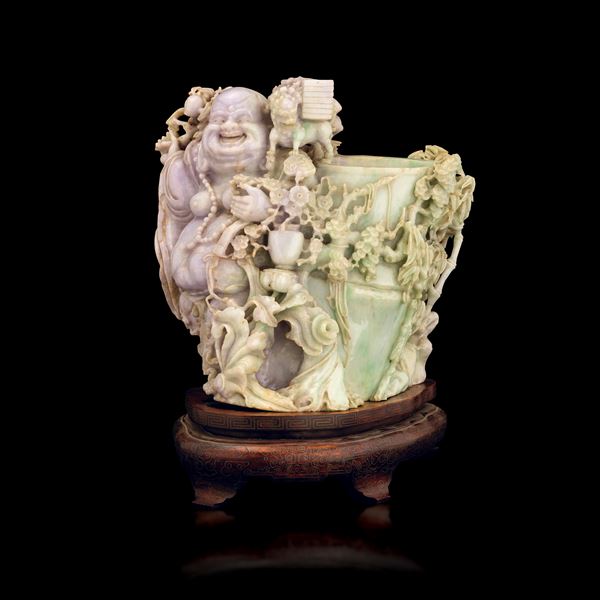 Large brush holder in jadeite with apple green and lavender hues featuring Budai and bamboo stalks, China, early 20th century