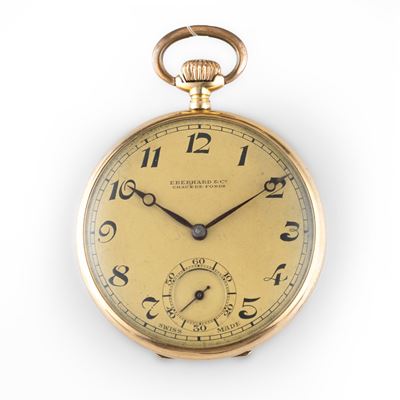 Orologio da tasca in oro giallo 18k con quadrante champagne, lancette Breguet e piccoli secondi