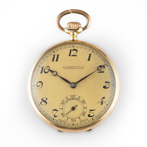 Orologio da tasca in oro giallo 18k, quadrante champagne con lancette Breguet e piccoli secondi al sei<BR>44 mm, peso 52 g