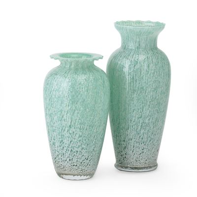 Murano (secolo XX), Coppia di vasi a balaustro in vetro soffiato con decorazioni policrome e fogl...