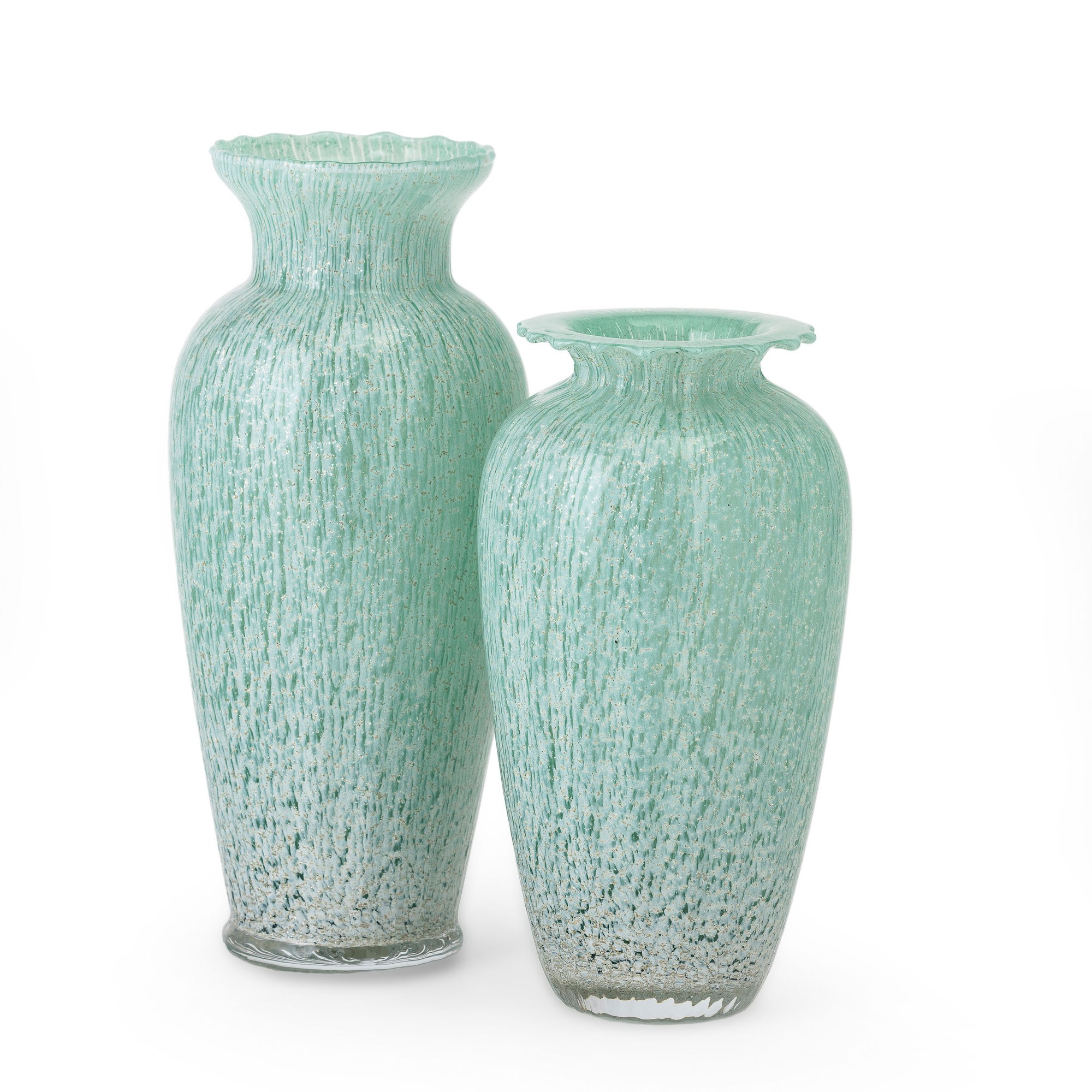 Murano (secolo XX), Coppia di vasi a balaustro in vetro soffiato con decorazioni policrome e fogl...