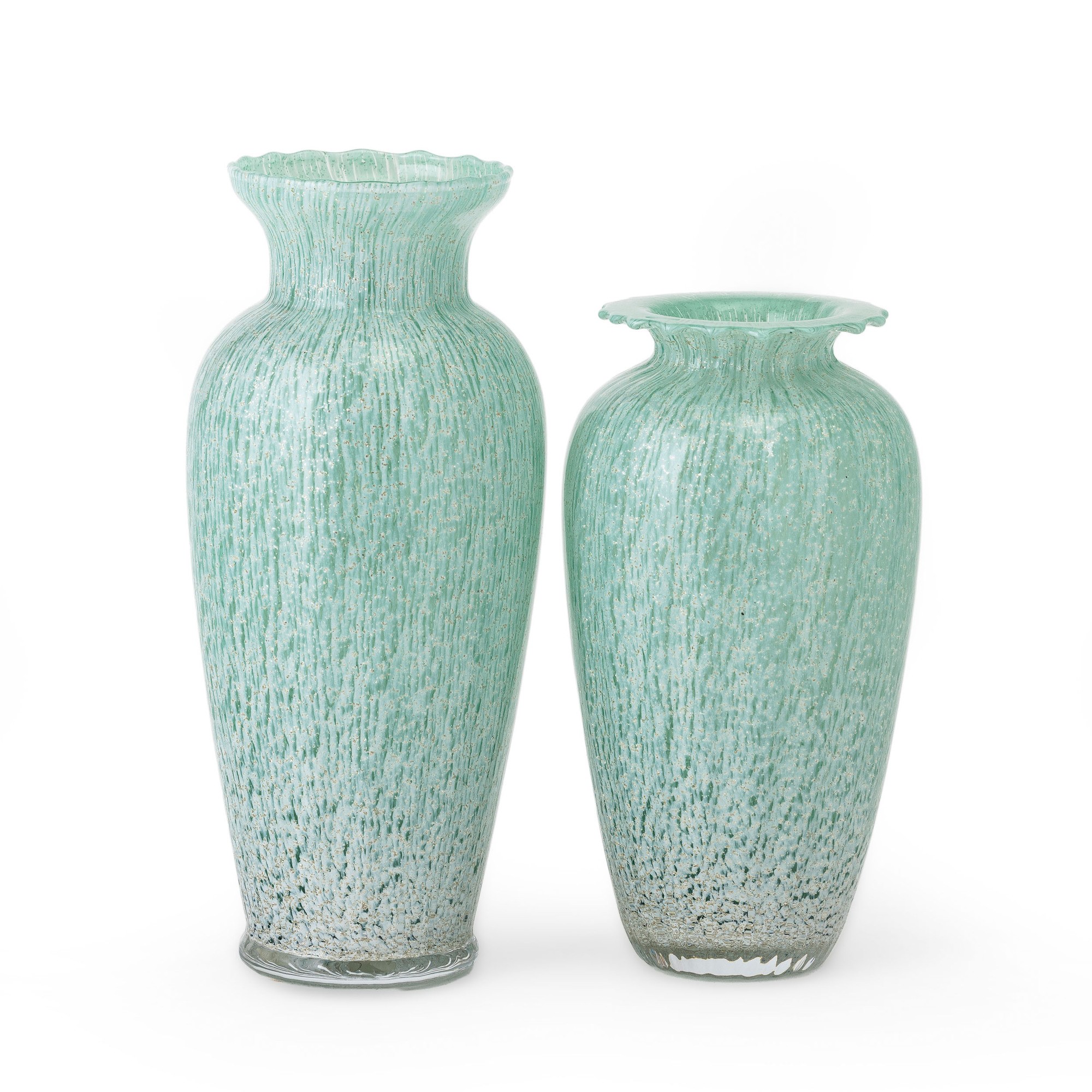 Murano (secolo XX), Coppia di vasi a balaustro in vetro soffiato con decorazioni policrome e fogl...