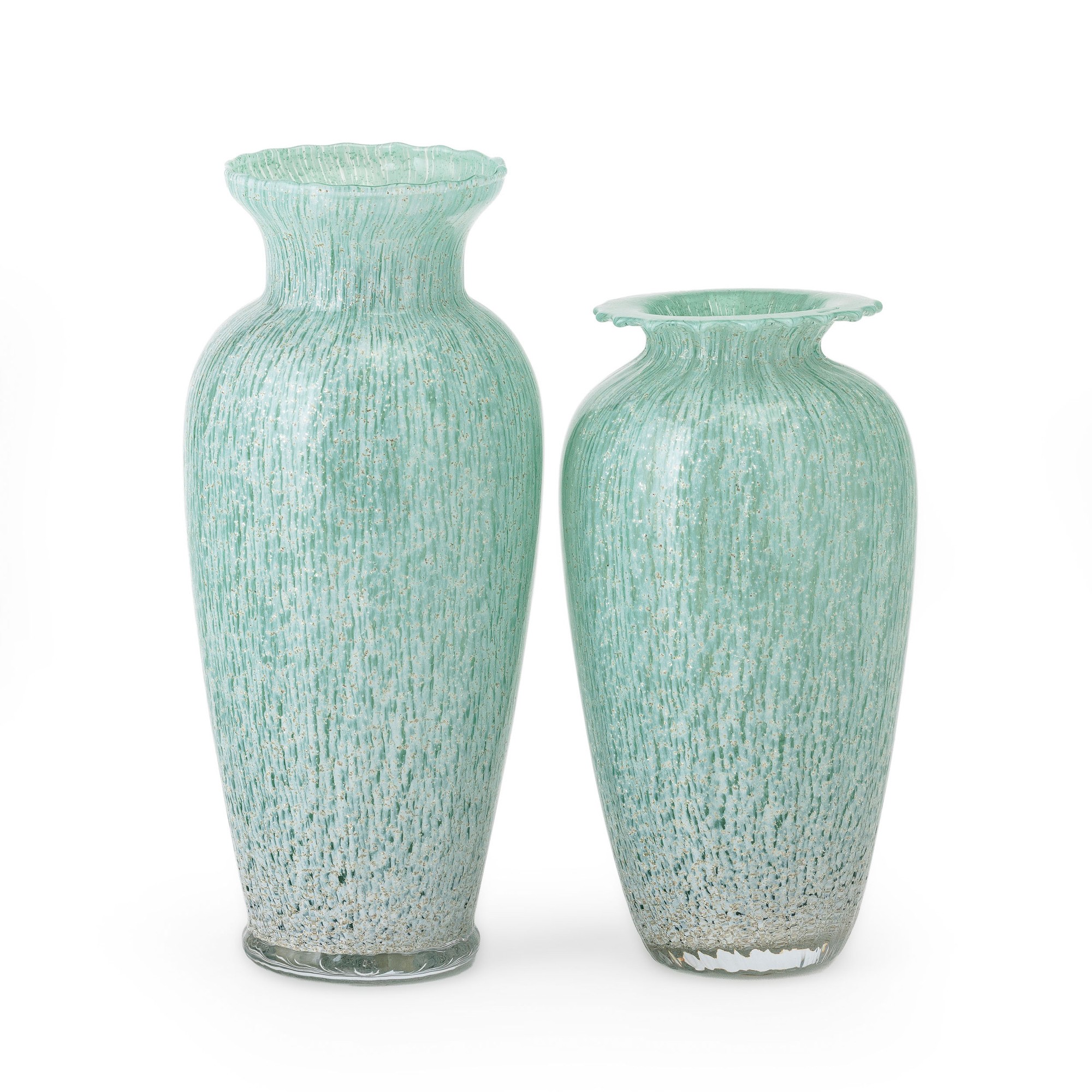 Murano (secolo XX), Coppia di vasi a balaustro in vetro soffiato con decorazioni policrome e fogl...
