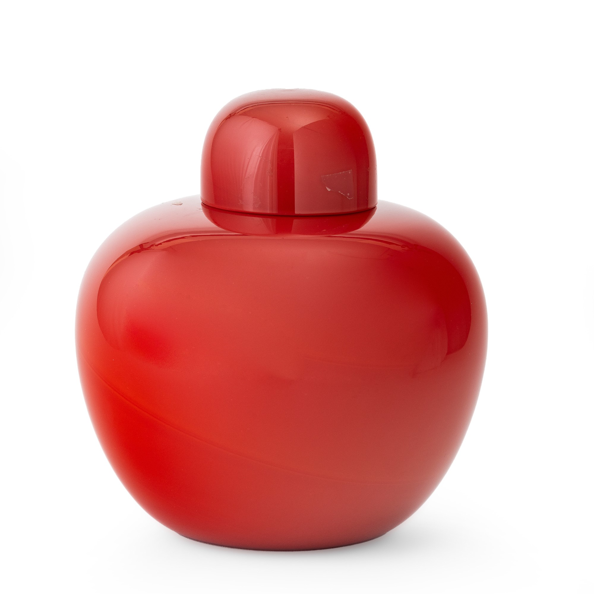 Venini, Vaso con coperchio in vetro opalino rosso antico (Murano, 1991) della serie “Cinesi”