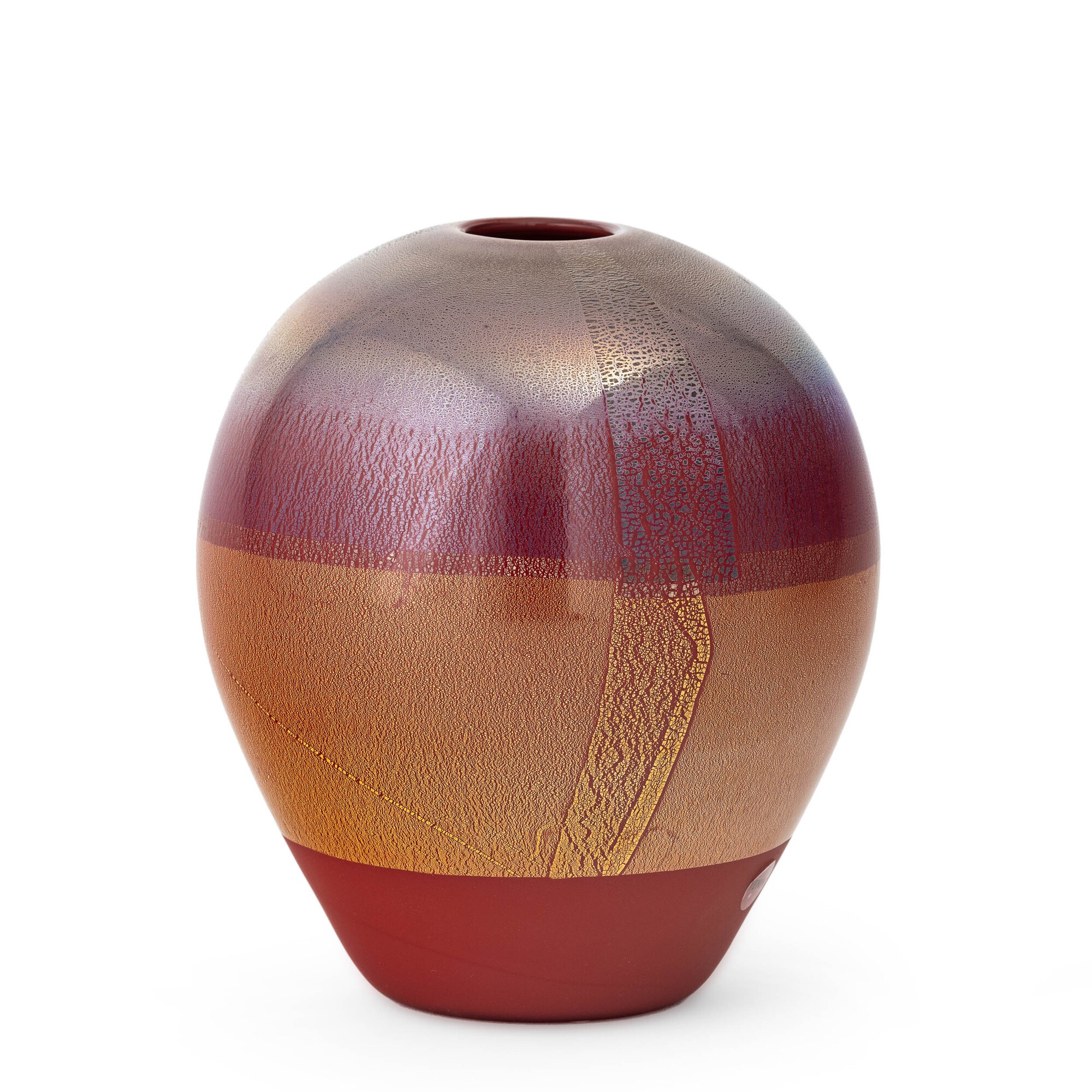 Venini, Vaso Murano (serie Quarzi), vetro soffiato corallo satinato con decoro in foglia oro e ar...