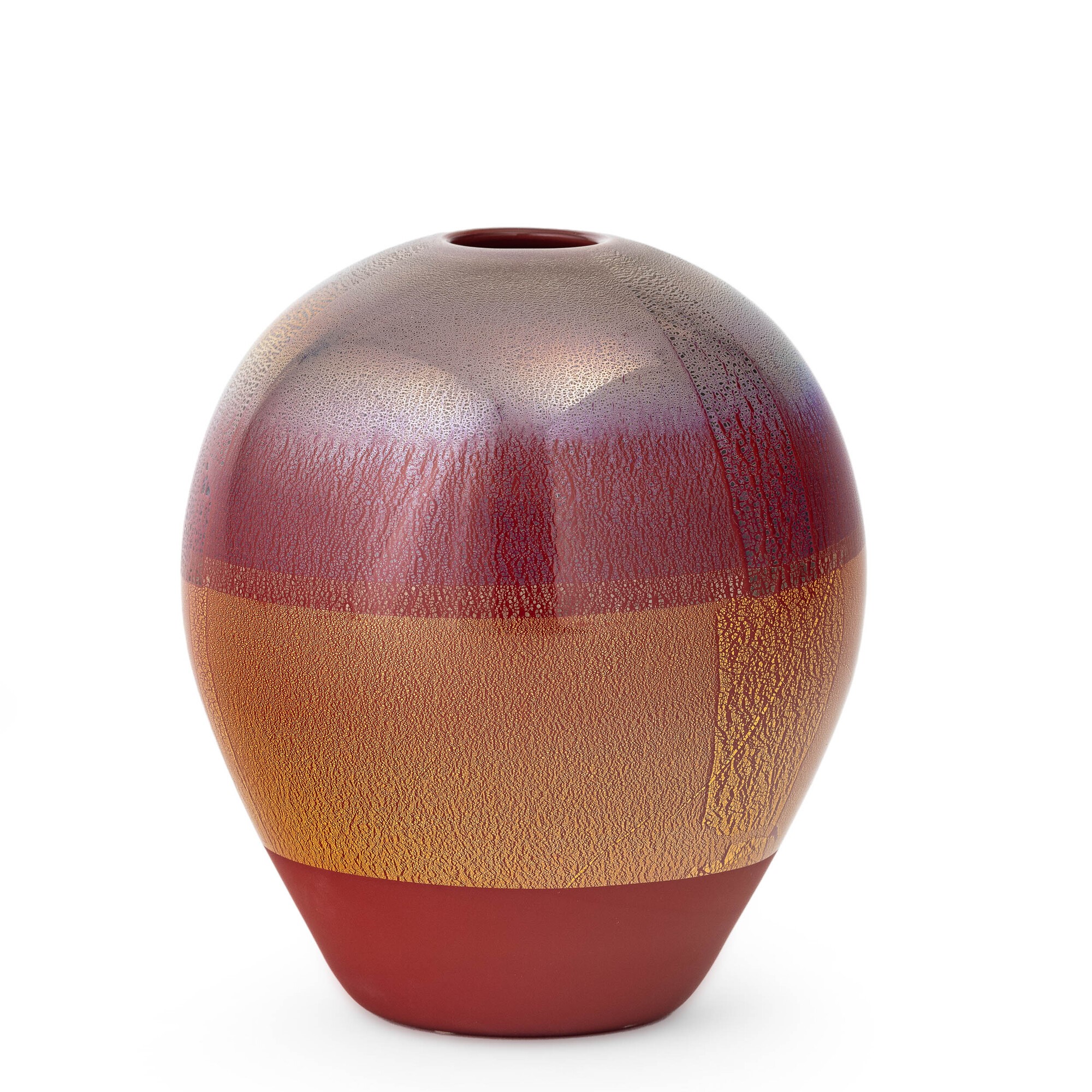 Venini, Vaso Murano (serie Quarzi), vetro soffiato corallo satinato con decoro in foglia oro e ar...