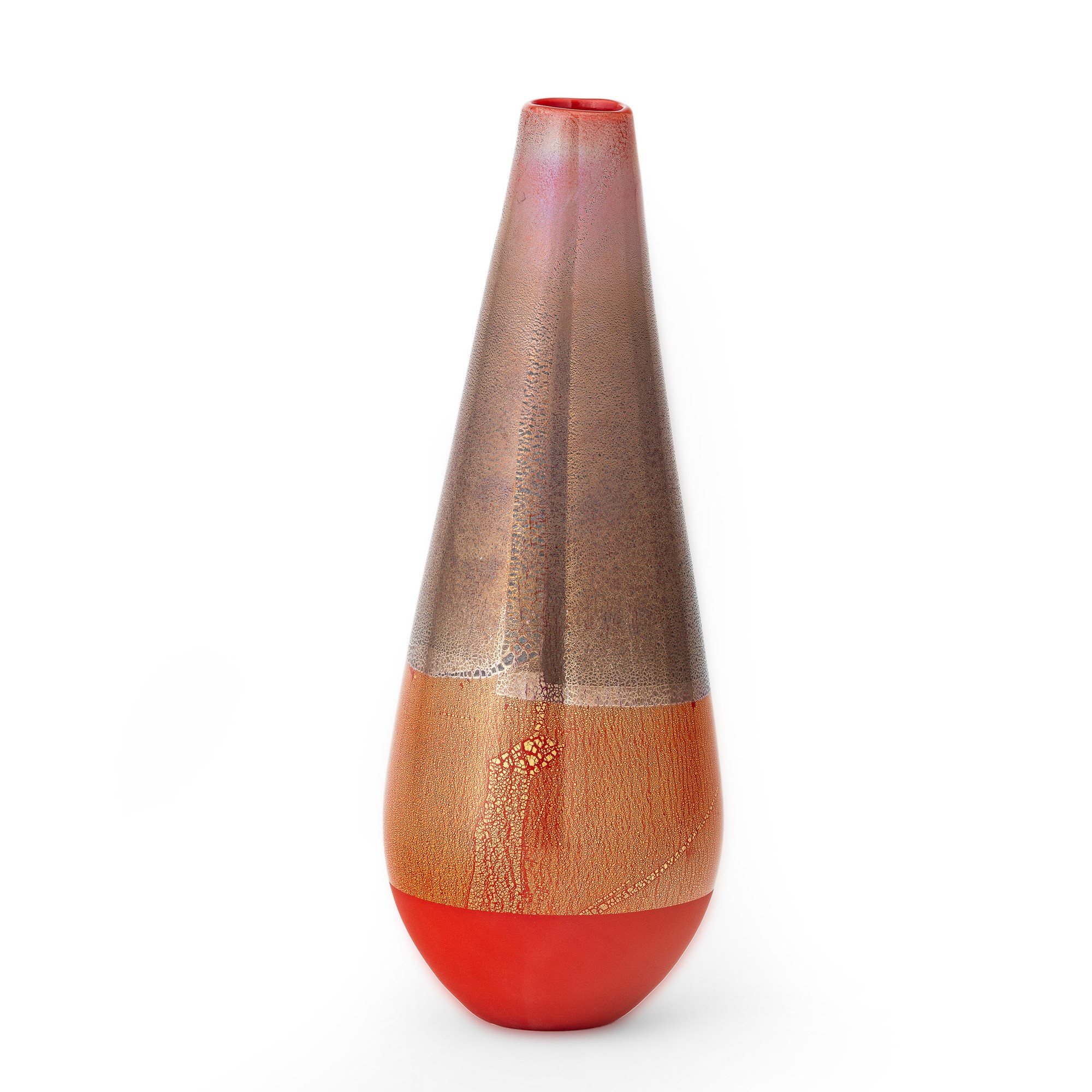 Venini, Vaso in vetro soffiato corallo (serie Quarzi), decorato con foglia oro e argento, satinat...