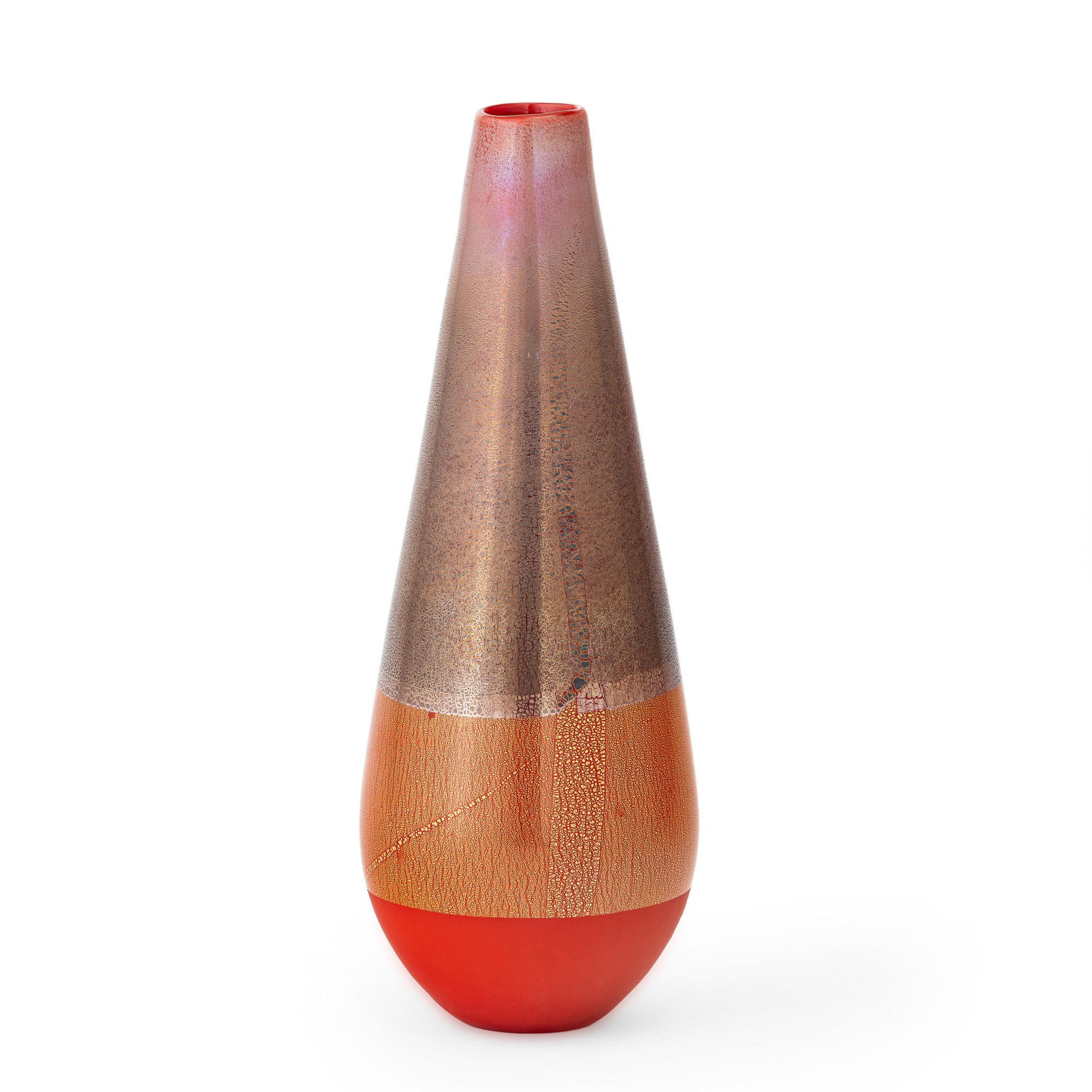 Venini, Vaso in vetro soffiato corallo (serie Quarzi), decorato con foglia oro e argento, satinat...