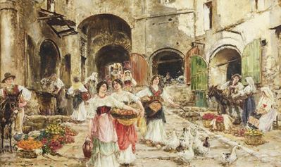 Al mercato della frutta, olio su tela, cm 40x66
