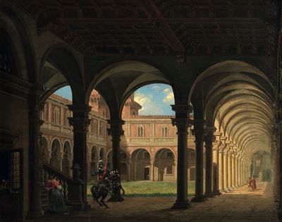 Cortile con Porticato e Figura di Cavaliere