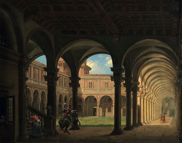 Cortile con porticato e figura di cavaliere