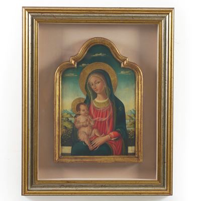 Pittore della fine del XIV secolo, Madonna con Bambino in paesaggio, olio su tavoletta sagomata