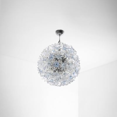 Lampada a sospensione mod. Esprit, metallo cromato e vetro di Murano