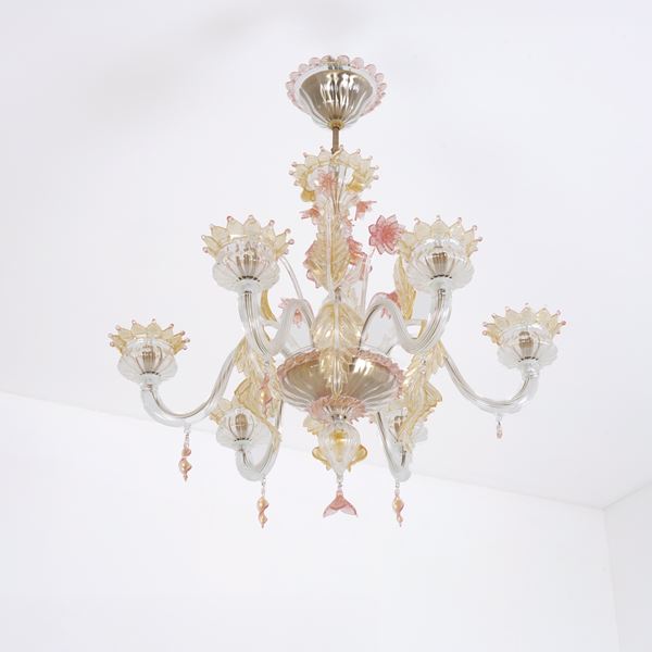 Lampadario e coppia di appliques in vetro di Murano