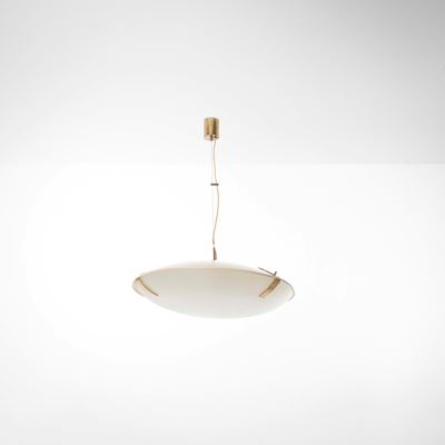 Lampada a sospensione mod. 1140, ottone e vetro acidato