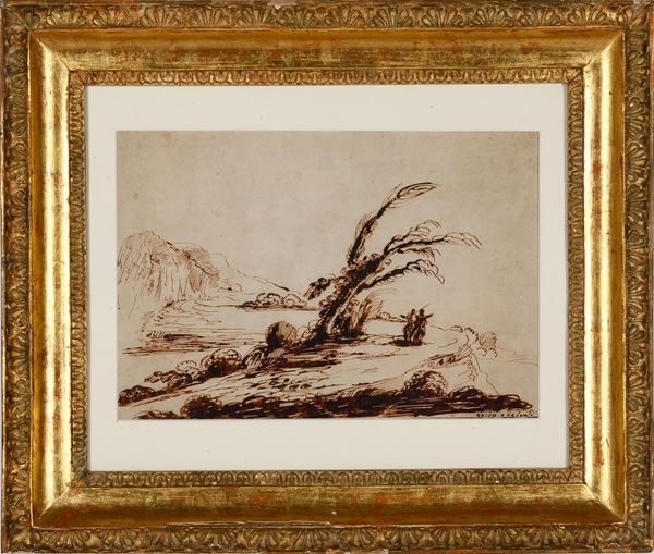 Falsario del Guercino (XVIII secolo) Paesaggio con coppia di viandanti