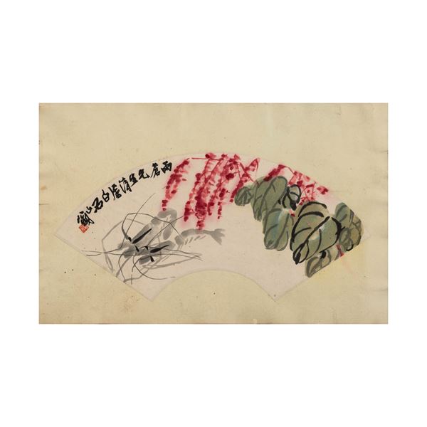 Dipinto su carta a soggetto naturalistico raffigurante coppia di aragoste con iscrizioni e sigillo, Cina, XX secolo