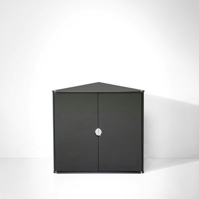 Mobile angoliera in legno laminato e laccato con particolari in metallo