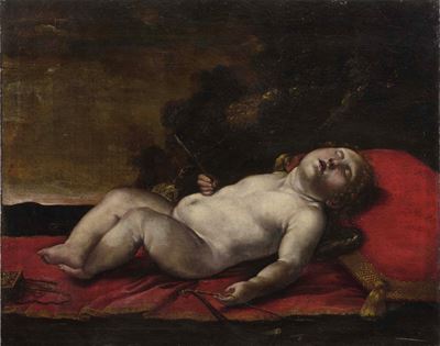 Scuola del XVII secolo, Cupido dormiente, olio su tela