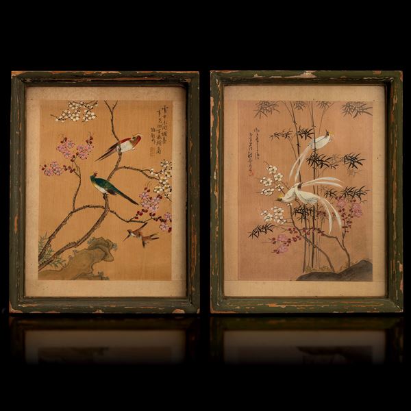 Lotto composto da quattro disegni su carta raffiguranti scene di vita comune a soggetto naturalistico con iscrizioni, Cina, Dinastia Qing, XIX secolo