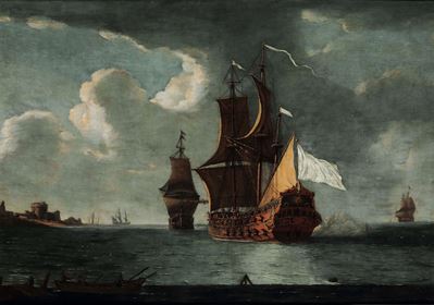 Scuola Olandese del XVII secolo, Battaglia navale, olio su tela