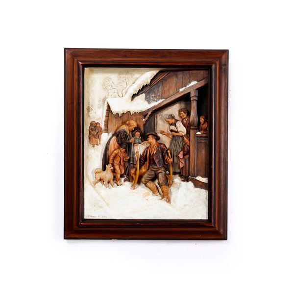 Bassorilievo in legno con scena di montagna, manifattura altoatesina