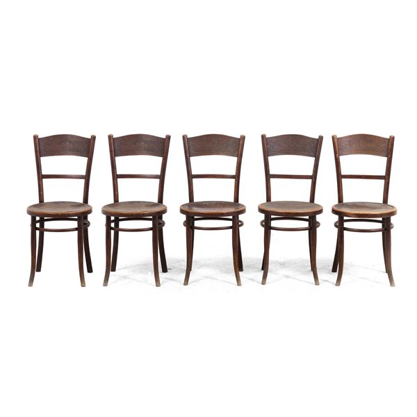 Cinque sedie in legno. XX secolo